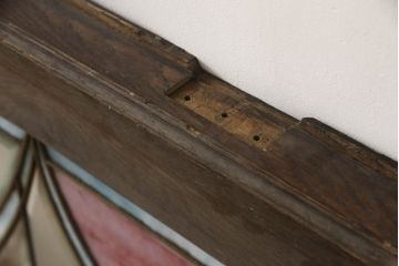 アンティーク建具　特大!!　イギリスより買い付け　オーク材　レトロな雰囲気のステンドグラスドアと明かり取りのセット(親子ドア、ステンドガラス、ガラス扉、明り取り、建具、英国)(R-070524)