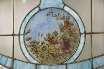 アンティーク建具　特大!!　イギリスより買い付け　オーク材　レトロな雰囲気のステンドグラスドアと明かり取りのセット(親子ドア、ステンドガラス、ガラス扉、明り取り、建具、英国)(R-070524)
