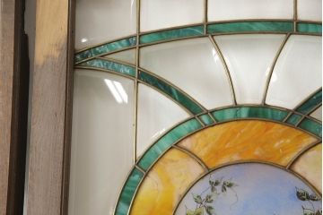 アンティーク建具　特大!!　イギリスより買い付け　オーク材　レトロな雰囲気のステンドグラスドアと明かり取りのセット(親子ドア、ステンドガラス、ガラス扉、明り取り、建具、英国)(R-070524)