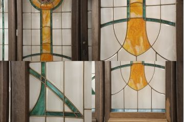 アンティーク建具　特大!!　イギリスより買い付け　オーク材　レトロな雰囲気のステンドグラスドアと明かり取りのセット(親子ドア、ステンドガラス、ガラス扉、明り取り、建具、英国)(R-070524)