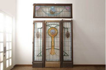 アンティーク建具　特大!!　イギリスより買い付け　オーク材　レトロな雰囲気のステンドグラスドアと明かり取りのセット(親子ドア、ステンドガラス、ガラス扉、明り取り、建具、英国)(R-070524)