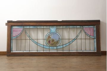アンティーク建具　特大!!　イギリスより買い付け　オーク材　レトロな雰囲気のステンドグラスドアと明かり取りのセット(親子ドア、ステンドガラス、ガラス扉、明り取り、建具、英国)(R-070524)