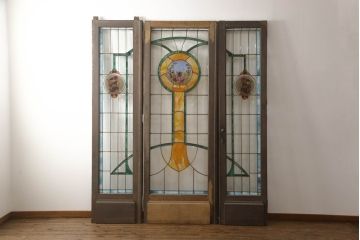アンティーク建具　特大!!　イギリスより買い付け　オーク材　レトロな雰囲気のステンドグラスドア(親子ドア、ステンドガラス、ガラス扉、建具、英国)(R-070525)