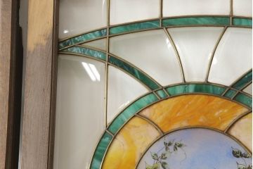 アンティーク建具　特大!!　イギリスより買い付け　オーク材　レトロな雰囲気のステンドグラスドア(親子ドア、ステンドガラス、ガラス扉、建具、英国)(R-070525)
