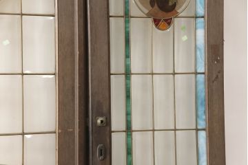 アンティーク建具　特大!!　イギリスより買い付け　オーク材　レトロな雰囲気のステンドグラスドア(親子ドア、ステンドガラス、ガラス扉、建具、英国)(R-070525)
