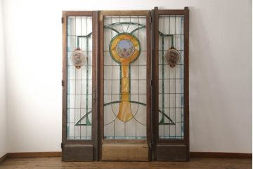 アンティーク建具　特大!!　イギリスより買い付け　オーク材　レトロな雰囲気のステンドグラスドア(親子ドア、ステンドガラス、ガラス扉、建具、英国)(R-070525)