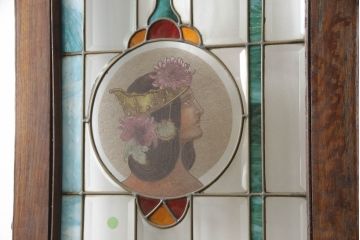 アンティーク建具　特大!!　イギリスより買い付け　オーク材　レトロな雰囲気のステンドグラスドア(親子ドア、ステンドガラス、ガラス扉、建具、英国)(R-070525)
