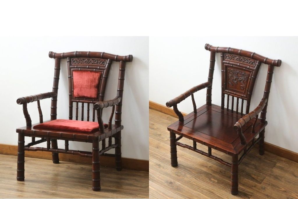 和製ヴィンテージ　2way　板座とクッション座面を楽しめる!!背もたれのデザインが魅力的な唐木材製アームチェア　(R-070537)