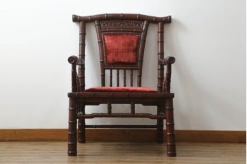 和製ビンテージ　2way　板座とクッション座面を楽しめる!!背もたれのデザインが魅力的な唐木材製アームチェア(椅子、イス、板座チェア、一人掛けソファ、1人掛けソファ、ヴィンテージ)(R-070537)
