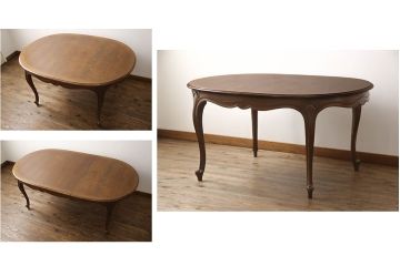 ビンテージ家具　アメリカ輸入モデル　DREXEL HERITAGE(ドレクセルヘリテイジ)　Touraine(ツーレイン)　滑らかな曲線が優雅な印象のダイニングテーブル(エクステンションテーブル、食卓、4人掛け、6人掛け、オーバル型、ヴィンテージ)(R-070579)