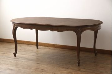 ビンテージ家具　アメリカ輸入モデル　DREXEL HERITAGE(ドレクセルヘリテイジ)　Touraine(ツーレイン)　滑らかな曲線が優雅な印象のダイニングテーブル(エクステンションテーブル、食卓、4人掛け、6人掛け、オーバル型、ヴィンテージ)(R-070579)