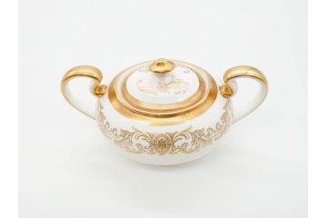 イギリス　AYNSLEY(エインズレイ)　Imperial Gold(インペリアルゴールド)　金の繊細なデザインが上品な雰囲気を醸し出すティーポット&シュガーポット&クリーマー3点セット(ミルクジャー、ミルクポット、ボンボン入れ、洋食器)(R-070629)