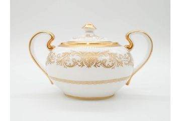 イギリス　AYNSLEY(エインズレイ)　Imperial Gold(インペリアルゴールド)　金の繊細なデザインが上品な雰囲気を醸し出すティーポット&シュガーポット&クリーマー3点セット(ミルクジャー、ミルクポット、ボンボン入れ、洋食器)(R-070629)