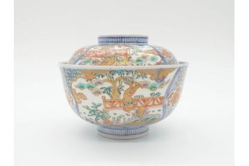 江戸期　古伊万里　金彩　色絵　約12cm　3.8寸　一つ一つ丁寧に絵付けされた豪華な蓋付き茶碗3客セット(獅子、松竹、和食器、三寸八分)(R-070632)
