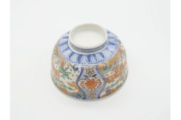 江戸期　古伊万里　金彩　色絵　約12cm　3.8寸　一つ一つ丁寧に絵付けされた豪華な蓋付き茶碗3客セット(獅子、松竹、和食器、三寸八分)(R-070632)