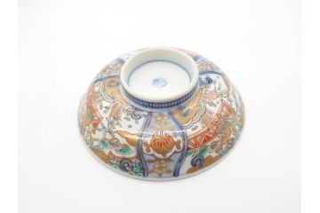 江戸期　古伊万里　金彩　色絵　約12cm　3.8寸　一つ一つ丁寧に絵付けされた豪華な蓋付き茶碗3客セット(獅子、松竹、和食器、三寸八分)(R-070632)