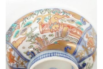 江戸期　古伊万里　金彩　色絵　約12cm　3.8寸　一つ一つ丁寧に絵付けされた豪華な蓋付き茶碗3客セット(獅子、松竹、和食器、三寸八分)(R-070632)