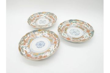 幕末期　伊万里　色絵　染付　約22cm　7寸　煌びやかな金彩が魅力的な中皿3枚セット(獅子、松竹、和食器、七寸)(R-070633)