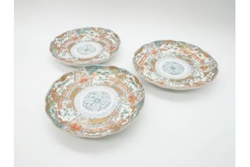 幕末期　伊万里　色絵　染付　約22cm　7寸　煌びやかな金彩が魅力的な中皿3枚セット(獅子、松竹、和食器、七寸)(R-070634)