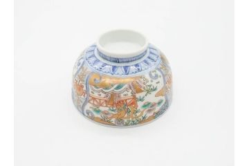 幕末〜明治期　伊万里　金彩　約14cm　4.4寸　華やかな色絵が食卓に彩を与える蓋付き茶碗3客セット(獅子、松竹、和食器、四寸四分)(R-070635)