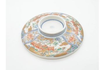 幕末〜明治期　伊万里　金彩　約14cm　4.4寸　華やかな色絵が食卓に彩を与える蓋付き茶碗3客セット(獅子、松竹、和食器、四寸四分)(R-070635)