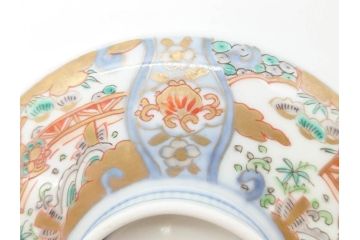 幕末〜明治期　伊万里　金彩　約14cm　4.4寸　華やかな色絵が食卓に彩を与える蓋付き茶碗3客セット(獅子、松竹、和食器、四寸四分)(R-070635)