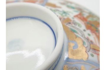 幕末〜明治期　伊万里　金彩　約14cm　4.4寸　華やかな色絵が食卓に彩を与える蓋付き茶碗3客セット(獅子、松竹、和食器、四寸四分)(R-070635)