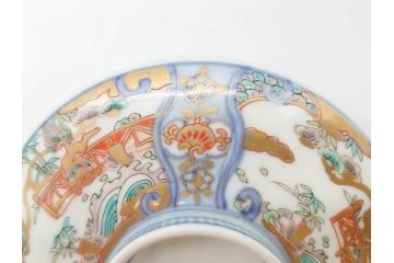 幕末〜明治期　伊万里　金彩　約14cm　4.4寸　華やかな色絵が食卓に彩を与える蓋付き茶碗3客セット(獅子、松竹、和食器、四寸四分)(R-070637)