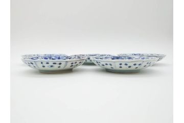 江戸期　古伊万里　染付　約16cm　5.1寸　縁起のいい絵柄が魅力的な中皿5枚セット(寿字、和食器、和皿、五寸一分)(R-070638)