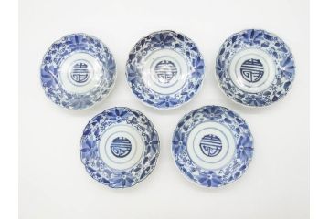 江戸期　古伊万里　染付　約16cm　5.1寸　縁起のいい絵柄が魅力的な中皿5枚セット(寿字、和食器、和皿、五寸一分)(R-070638)