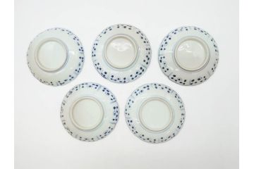 江戸期　古伊万里　染付　約16cm　5.1寸　縁起のいい絵柄が魅力的な中皿5枚セット(寿字、和食器、和皿、五寸一分)(R-070638)