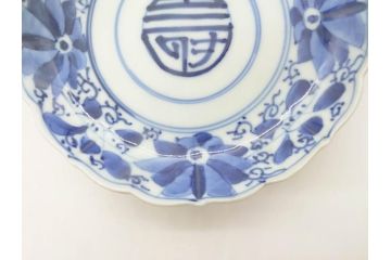 江戸期　古伊万里　染付　約16cm　5.1寸　縁起のいい絵柄が魅力的な中皿5枚セット(寿字、和食器、和皿、五寸一分)(R-070638)