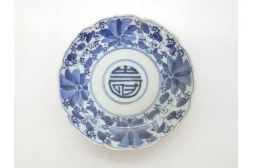 江戸期　古伊万里　染付　約16cm　5.1寸　縁起のいい絵柄が魅力的な中皿5枚セット(寿字、和食器、和皿、五寸一分)(R-070638)