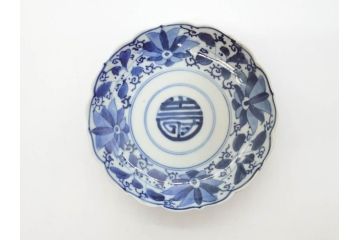 江戸期　古伊万里　染付　約16cm　5.1寸　縁起のいい絵柄が魅力的な中皿5枚セット(寿字、和食器、和皿、五寸一分)(R-070638)