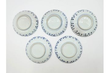 江戸期　古伊万里　染付　約16cm　5.1寸　縁起のいい絵柄が魅力的な中皿5枚セット(寿字、和食器、和皿、五寸一分)(R-070639)