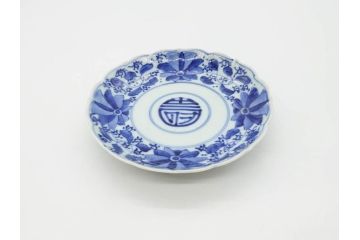 江戸期　古伊万里　染付　約16cm　5.1寸　縁起のいい絵柄が魅力的な中皿5枚セット(寿字、和食器、和皿、五寸一分)(R-070639)