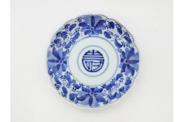 江戸期　古伊万里　染付　約16cm　5.1寸　縁起のいい絵柄が魅力的な中皿5枚セット(寿字、和食器、和皿、五寸一分)(R-070639)