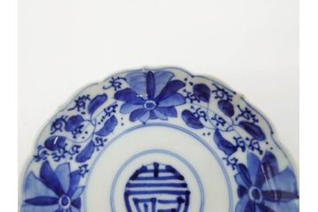 江戸期　古伊万里　染付　約16cm　5.1寸　縁起のいい絵柄が魅力的な中皿5枚セット(寿字、和食器、和皿、五寸一分)(R-070639)
