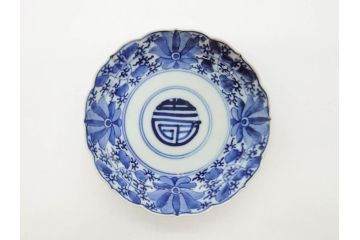 江戸期　古伊万里　染付　約16cm　5.1寸　縁起のいい絵柄が魅力的な中皿5枚セット(寿字、和食器、和皿、五寸一分)(R-070639)