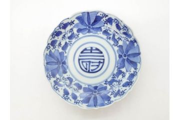 江戸期　古伊万里　染付　約16cm　5.1寸　縁起のいい絵柄が魅力的な中皿5枚セット(寿字、和食器、和皿、五寸一分)(R-070639)