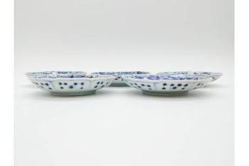江戸期　古伊万里　染付　約16cm　5.1寸　縁起のいい絵柄が魅力的な中皿5枚セット(寿字、和食器、和皿、五寸一分)(R-070640)