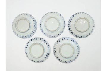 江戸期　古伊万里　染付　約16cm　5.1寸　縁起のいい絵柄が魅力的な中皿5枚セット(寿字、和食器、和皿、五寸一分)(R-070640)