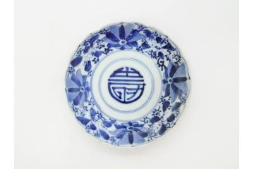 江戸期　古伊万里　染付　約16cm　5.1寸　縁起のいい絵柄が魅力的な中皿5枚セット(寿字、和食器、和皿、五寸一分)(R-070640)