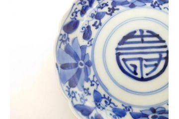 江戸期　古伊万里　染付　約16cm　5.1寸　縁起のいい絵柄が魅力的な中皿5枚セット(寿字、和食器、和皿、五寸一分)(R-070640)
