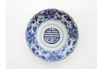 江戸期　古伊万里　染付　約16cm　5.1寸　縁起のいい絵柄が魅力的な中皿5枚セット(寿字、和食器、和皿、五寸一分)(R-070640)