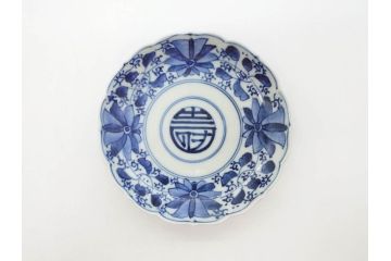 江戸期　古伊万里　染付　約16cm　5.1寸　縁起のいい絵柄が魅力的な中皿5枚セット(寿字、和食器、和皿、五寸一分)(R-070640)