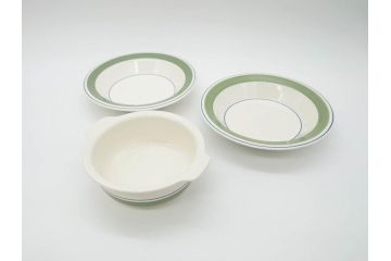 ARABIA FINLAND　Krokus(クロッカス)　シンプルなデザインで取り入れやすいスーププレート2枚&持ち手付きボウルセット(スープ皿、グラタン皿、グリーン・ブルーライン、アラビア、フィンランド、北欧食器)(R-070641)