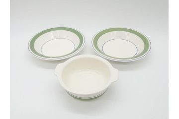 ARABIA FINLAND　Krokus(クロッカス)　シンプルなデザインで取り入れやすいスーププレート2枚&持ち手付きボウルセット(スープ皿、グラタン皿、グリーン・ブルーライン、アラビア、フィンランド、北欧食器)(R-070641)