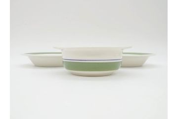 ARABIA FINLAND　Krokus(クロッカス)　シンプルなデザインで取り入れやすいスーププレート2枚&持ち手付きボウルセット(スープ皿、グラタン皿、グリーン・ブルーライン、アラビア、フィンランド、北欧食器)(R-070641)