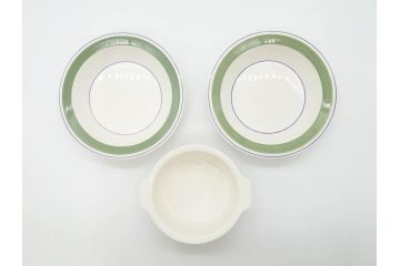 ARABIA FINLAND　Krokus(クロッカス)　シンプルなデザインで取り入れやすいスーププレート2枚&持ち手付きボウルセット(スープ皿、グラタン皿、グリーン・ブルーライン、アラビア、フィンランド、北欧食器)(R-070641)